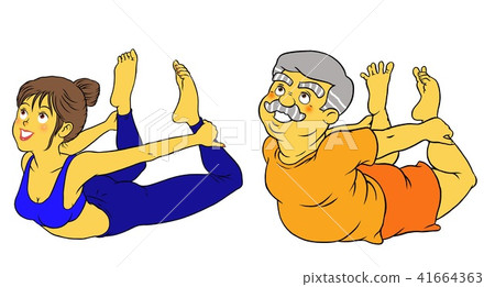 Young women playing diet yoga and senior men, bows posing 41664363
