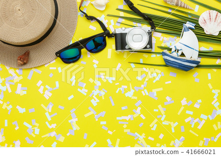 Table top view of items to travel summer holiday 41666021