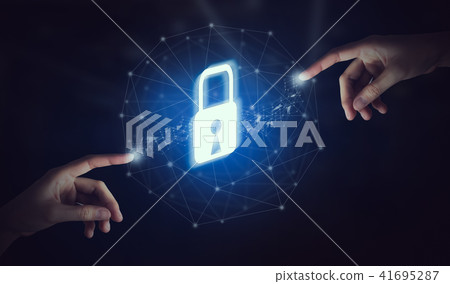 Hand touching interface online and icon key lock. 41695287