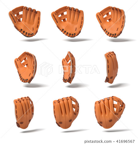 3d rendering of many orange leather baseball gloves in different angles of view on a white 3d rendering of many orange leather baseball gloves in different angles of view on a white 41696567