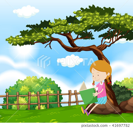 A Girl Reading A Book Under Tree Stock Illustration 41697782 Pixta 