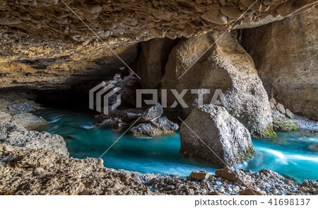 Panorama of the underground lake in a cave of bright blue color 41698137