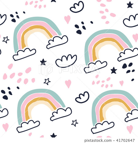 Kids hand drawn seamless pattern with rainbows - Stock Illustration ...