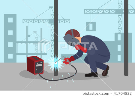 Man welds steel construction by welding machine. Professional welder at work. Lifting cranes and Man welds steel construction by welding machine. Professional welder at work. Lifting cranes and 41704822