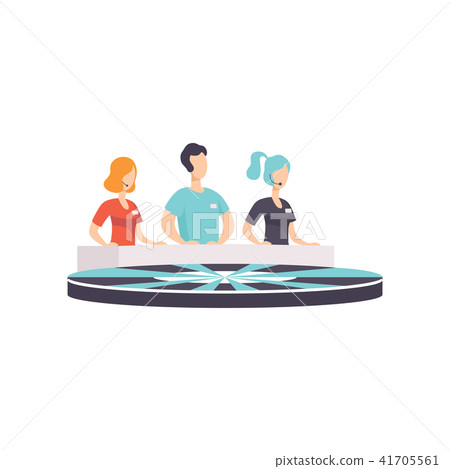 TV quiz show, people answering questions standing behind wheel vector Illustration on a white 41705561