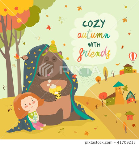 Little girl and bear sitting under plaid on the autumn lawn Little girl and bear sitting under plaid on the autumn lawn 41709215