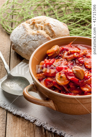 Lecho - stew with peppers, onions and sausages. Lecho - stew with peppers, onions and sausages. 41715366