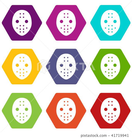 Hockey goalkeeper helmet icons set 9 vector Hockey goalkeeper helmet icons set 9 vector 41719941