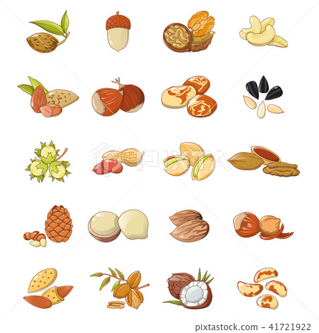 Nut types food icons set, cartoon style Nut types food icons set, cartoon style 41721922
