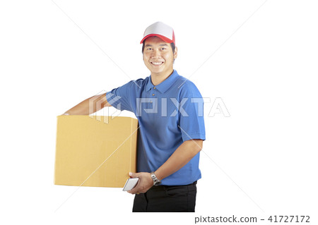 delivery man holding cardbox toothy smiling delivery man holding cardbox toothy smiling 41727172