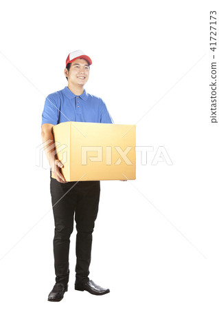 delivery man holding cardbox toothy smiling delivery man holding cardbox toothy smiling 41727173