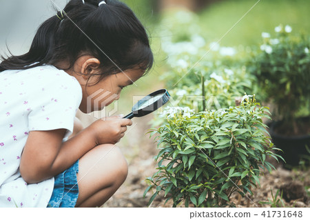 asianchild girl looking through a magnifying glass 41731648