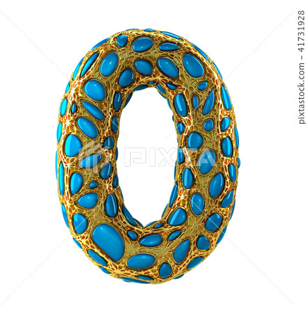 Number 0 zero made of golden shining metallic 3D with blue glass isolated on white background. 41731928