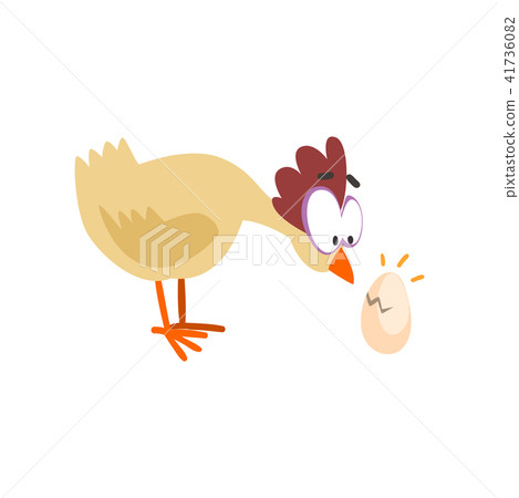 Surprised funny hen looking at cracked egg, comic cartoon chicken bird character with big eyes 41736082