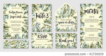 Wedding invitation frame set; blue wax flowers Wedding invitation frame set; blue wax flowers 41736939