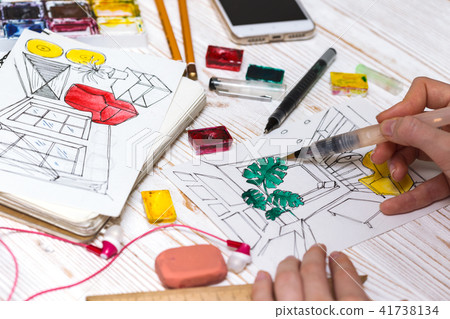 designer makes a sketch of the interior designer makes a sketch of the interior 41738134