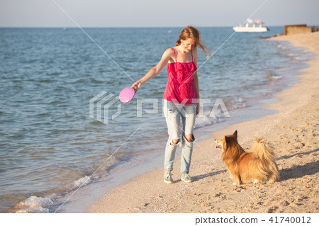 girl playing with a dog on the beach 41740012