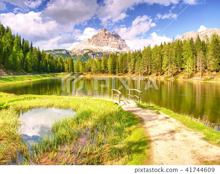 Tre Cime above Lago Di Antorno, wooden bridge 41744609