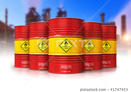 Group of red oil drums in front of refinery plant 41747453