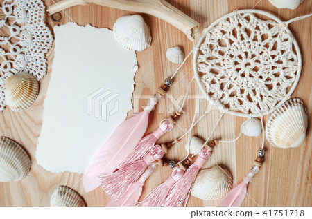 Dreamcatcher, seashells and place for text. Dreamcatcher, seashells and place for text. 41751718