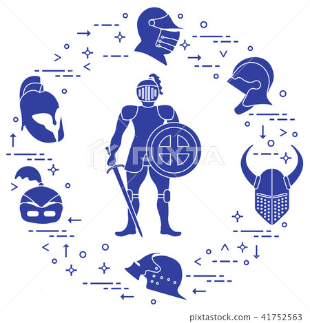 Knight with shield, sword, and different helmets 41752563