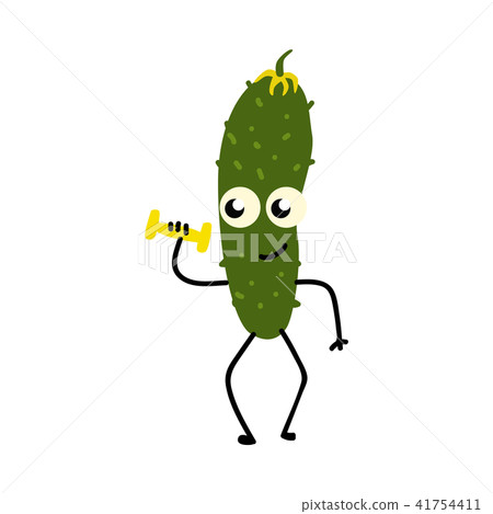Vegetable sportsman cartoon illustration - cucumber doing sport exercises with weight isolated on 41754411