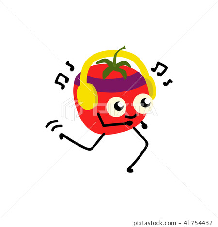 Red tomato jogging while listening to music on headphones isolated on white background. Red tomato jogging while listening to music on headphones isolated on white background. 41754432