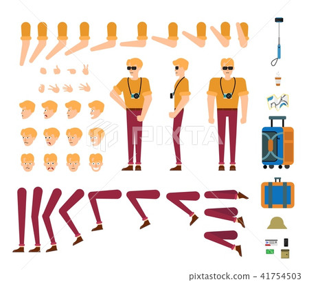 Tourist male character creation kit - isolated set of body parts, hand gestures, face emotions and Tourist male character creation kit - isolated set of body parts, hand gestures, face emotions and 41754503