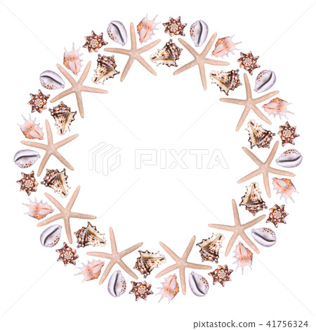 Round frame from different sea shells on a white background 41756324