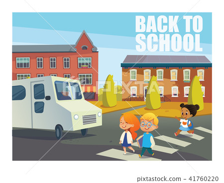 Smiling children crossing street in front of bus. Happy kids walking across pedestrian crosswalk 41760220