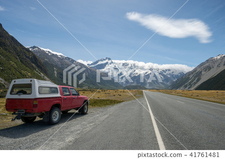 Road from Twizel to Mount Cook National Park and the car 41761481