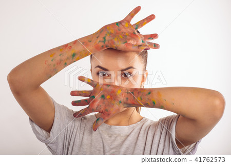 portrait teenage girl covers her face palms portrait teenage girl covers her face palms 41762573