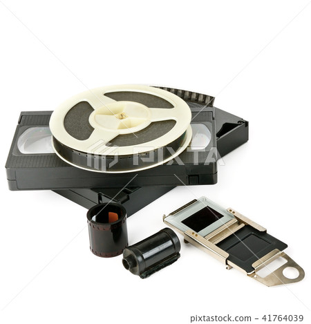 Video cassettes, film and slides isolated on white 41764039