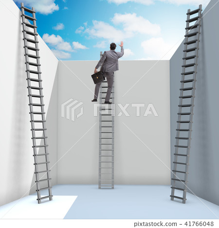 Businessman climbing a ladder to escape from problems Businessman climbing a ladder to escape from problems 41766048