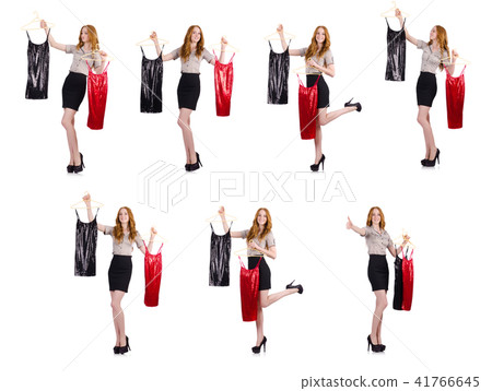 Woman choosing the dress isolated on white Woman choosing the dress isolated on white 41766645