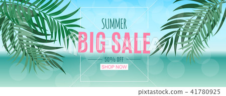 Abstract Summer Sale Background with Palm Leaves and Flamingo. Vector Illustration 41780925