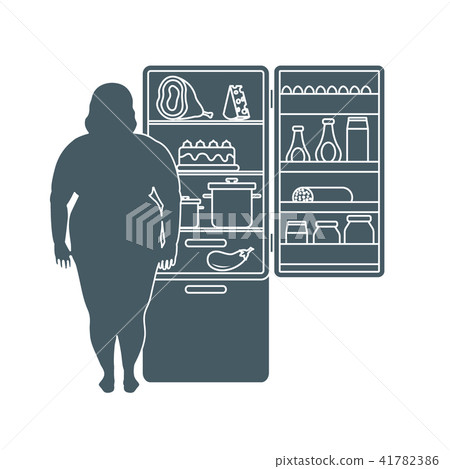 Fat woman stands at the fridge full of food 41782386