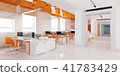 Perspective view of a color office interior with a row of white tables. 3d rendering. 41783429