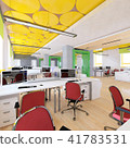 Perspective view of a color office interior with a row of white tables. 3d rendering. 41783531