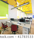 Perspective view of a color office interior with a row of white tables. 3d rendering. 41783533