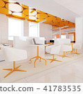 Perspective view of a color office interior with a row of white tables. 3d rendering. 41783535