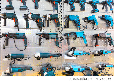 Hand-held power tools on stand in store Hand-held power tools on stand in store 41784036