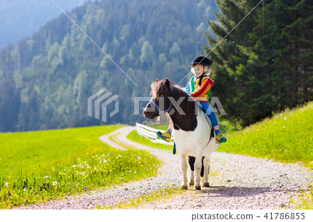 Kids riding pony. Child on horse in Alps mountains 41786855