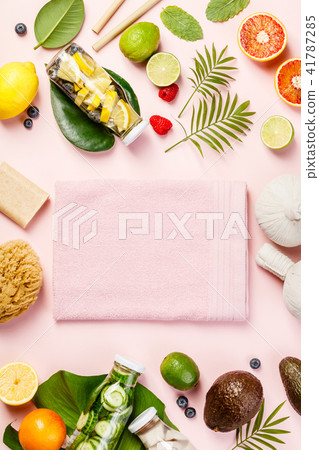 Detox fruit infused water, tropical fruits, leaves and SPA setti 41787285