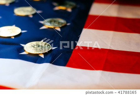 Bitcoin and us flag, gold coins, Bitcoin and us flag, gold coins, 41788165