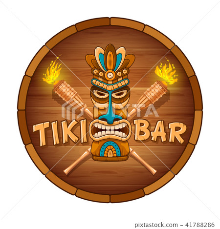 Wooden Tiki mask and signboard of bar 41788286