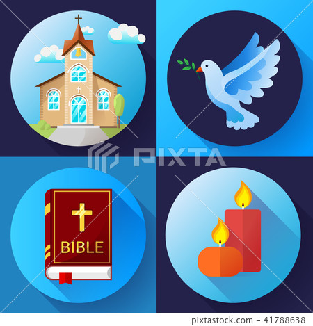 Religion Icons set vector color Flat Design Vector Illustration. Blue dove, old church, candles and Religion Icons set vector color Flat Design Vector Illustration. Blue dove, old church, candles and 41788638