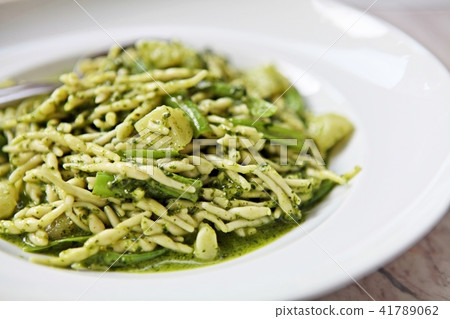 Ligurian Pasta Trofie with fresh Pesto sauce. Ligurian Pasta Trofie with fresh Pesto sauce. 41789062