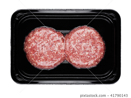 Raw fresh beef burgers in plastic tray 41790143