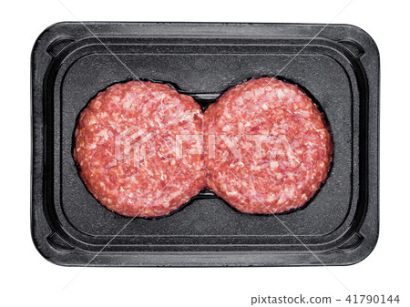 Raw fresh beef burgers in plastic tray 41790144